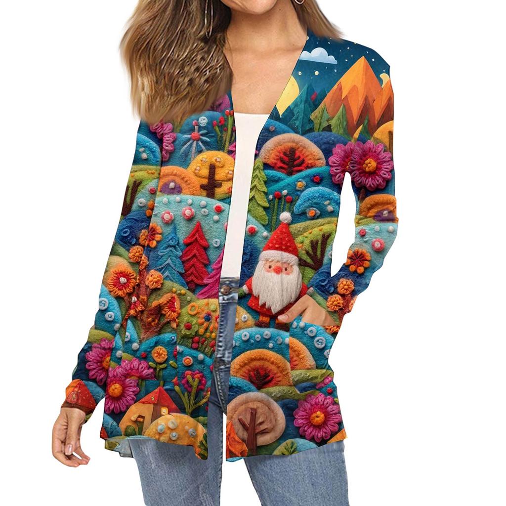Женский модный кардиган-пальто с длинным рукавом, карманами, приталенного силуэта и рождественским принтом