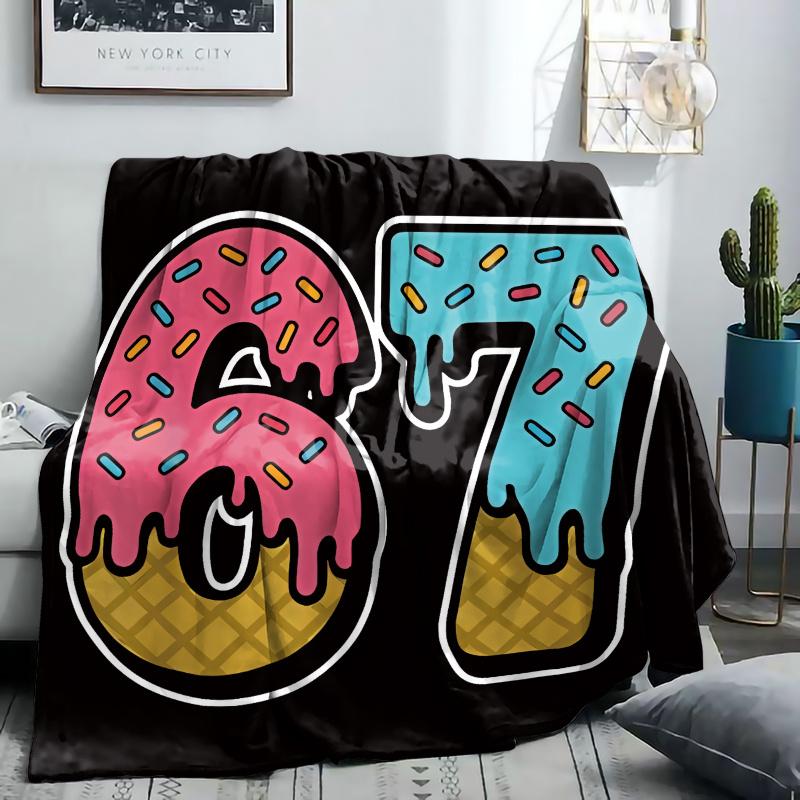 Number 67 Printed Blanket - Soft Flannel Bedspread with Arabic Numerals, All-Season Cozy Bed Cover for Christmas Gifts