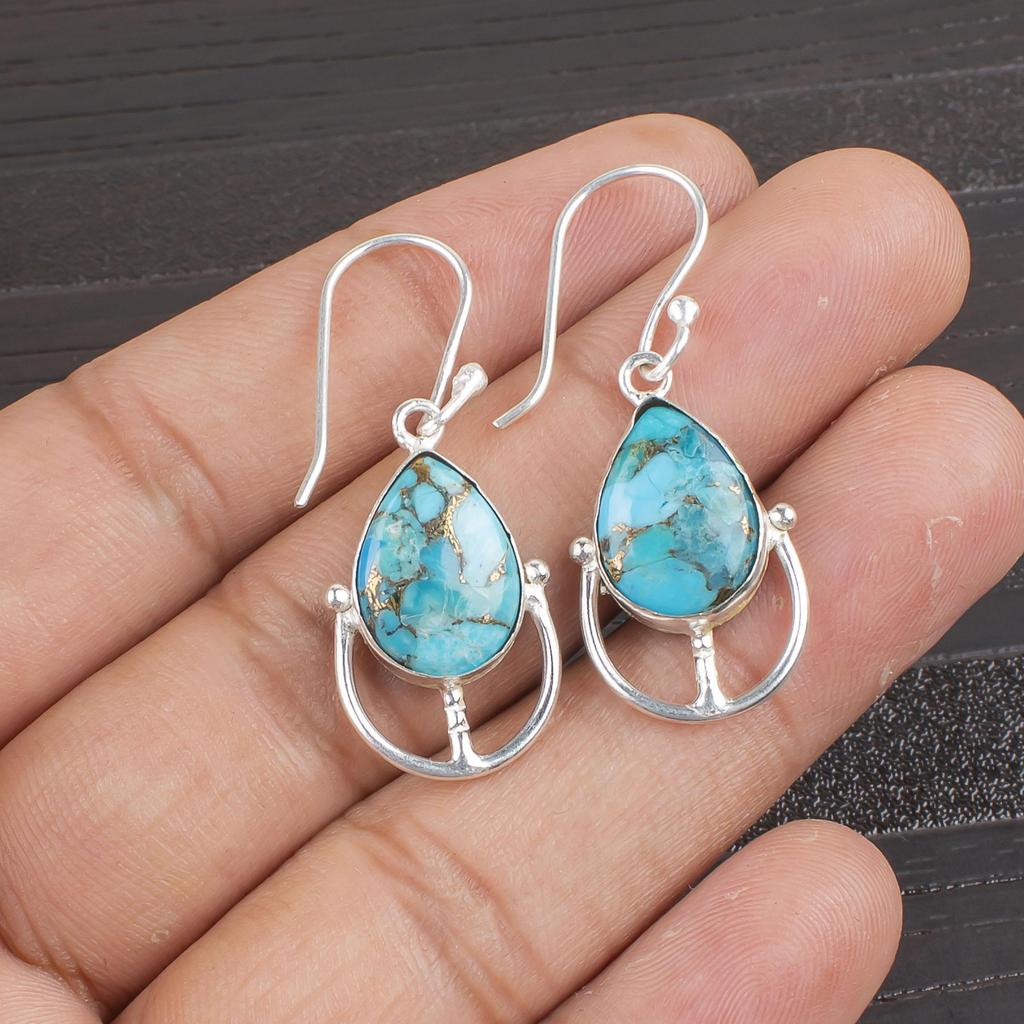 Blue Copper Turquoise Earrings, 925 Sterling Silver Jewelry, Gift For Women Handmade Earrings Gemstone Jewelry