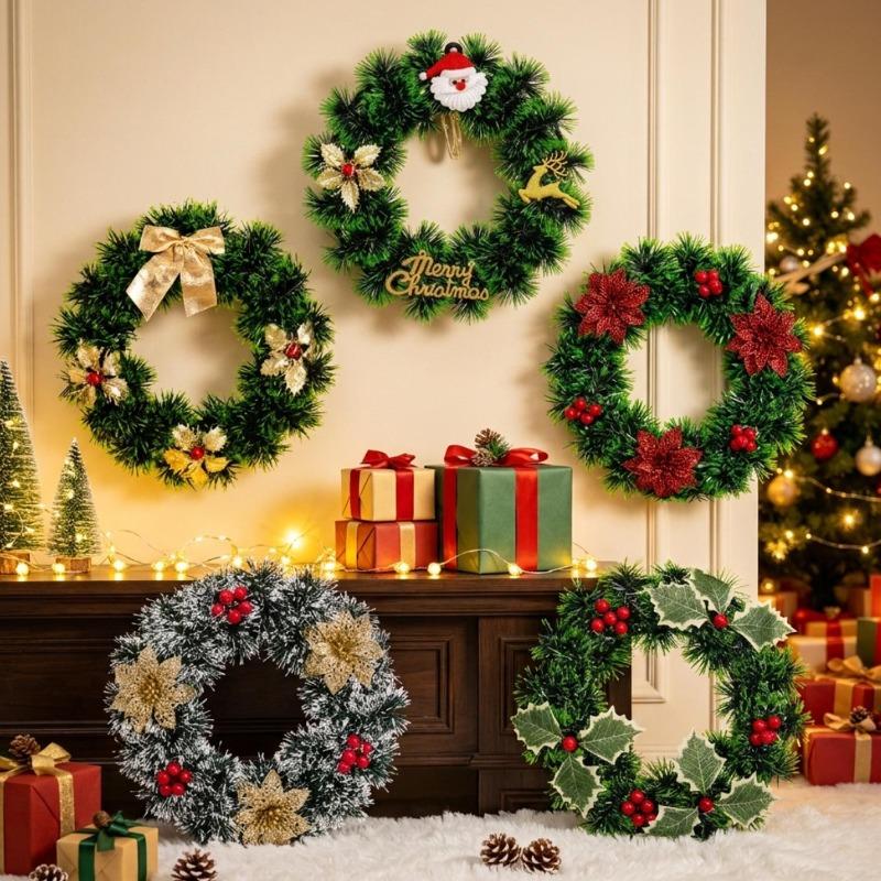 Artificial Flowers Red Berries Garland Christmas Wreath Plastic Front Door Hanging Xmas Party Decor for Home Wall Porch 25CM