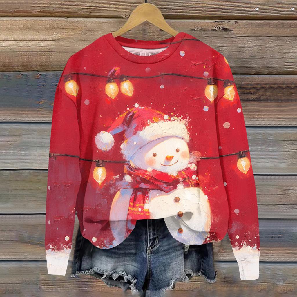 Женская толстовка с рождественским принтом, с длинным рукавом и круглым вырезом, свободный топ
