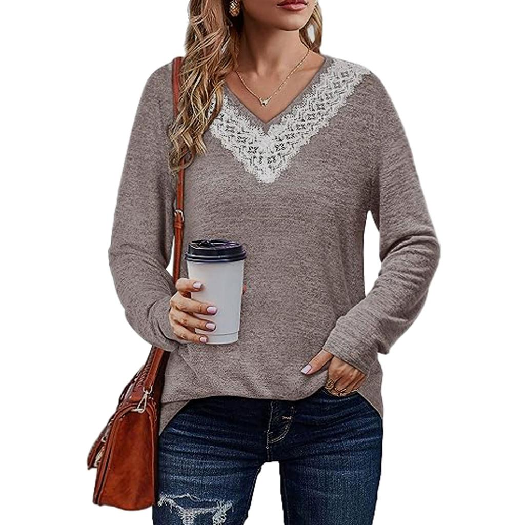 Женская осенне-зимняя новая однотонная кружевная свободная футболка с v-образным вырезом и длинными рукавами, топ