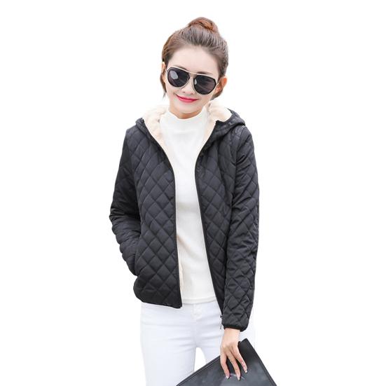 Winter Women Jacket Hooded Zip-up Long Sleeves Thick Plush Lined Solid Color