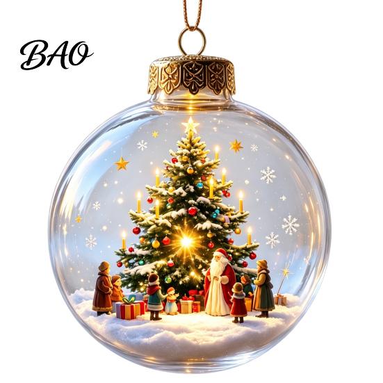Christmas Party Hanging Trinkets 3D Faux Crystal Ball Ornaments with Warm LED Miniature Winter Scene Decor Lights, Luminous Tree Pendant for