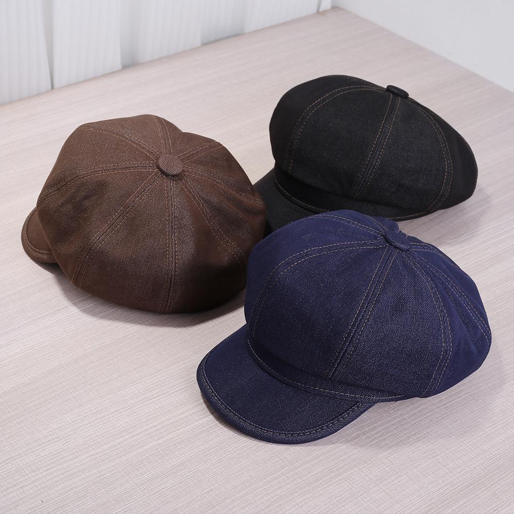 New simple denim octagonal hat women's big head circumference painter hat retro autumn and winter outdoor face newsboy hat