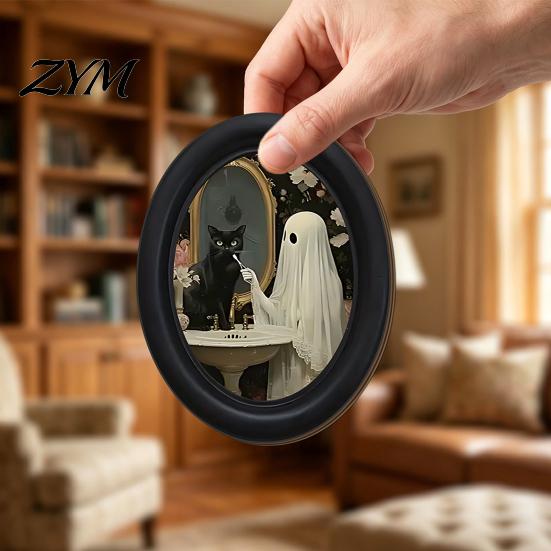 Unique Housewarming Gifts Halloween Wooden Door Hanging Sign, Oval Gothic Black Cat Ghost Wall Plaque, Retro Spooky Aesthetic Room Decor Waterproof