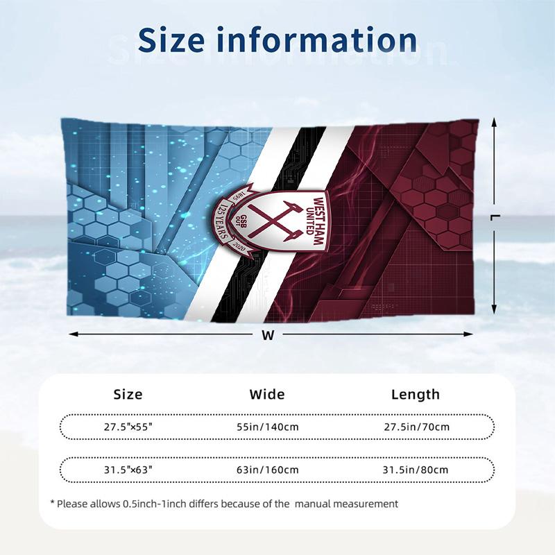 Футбольное пляжное полотенце West Ham United Мягкое из микрофибры Летнее полотенце Быстросохнущее Впитывающее полотенце для пляжа Бассейна Путешествий