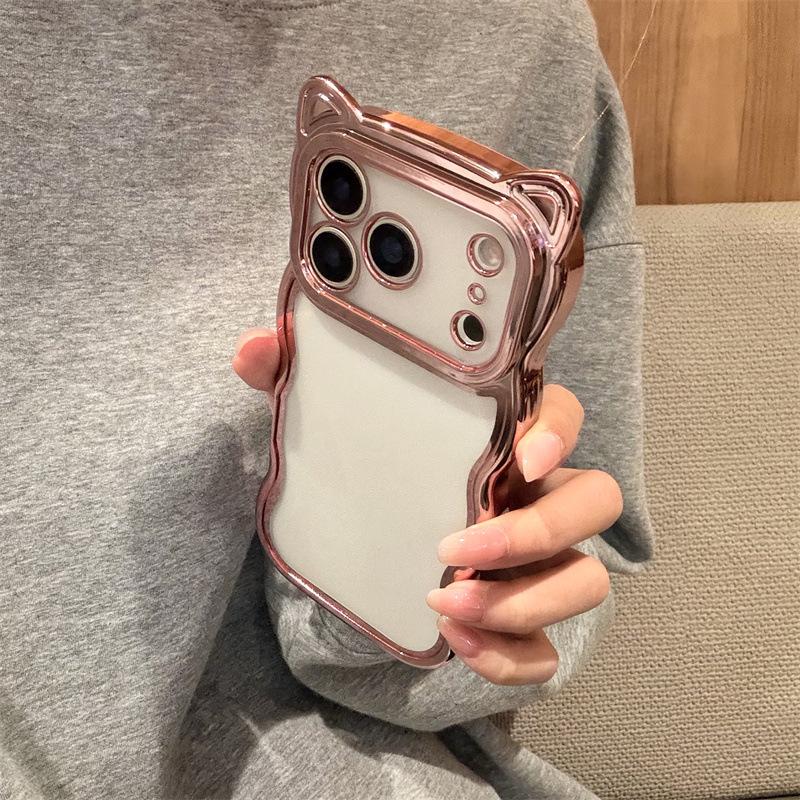 Покрытый гальваническим покрытием чехол для iPhone 17 ProMax/16/15 с блестками в виде кошачьих ушек, точная посадка, защита от падений, прозрачный