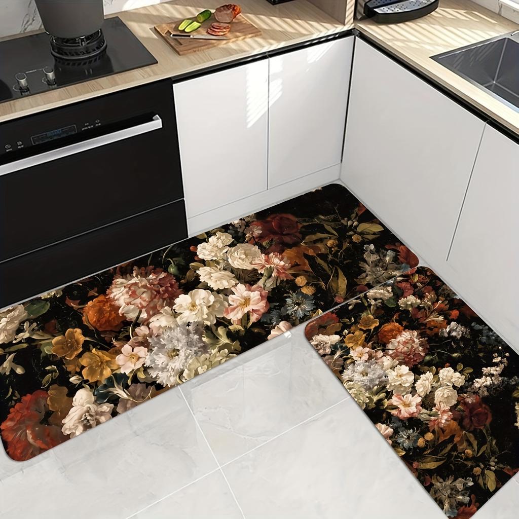 1Pcs Anti Fatigue Kitchen Rugs, Floral Print Waterproof Non-Slip Thick Cushioned Kitchen Mat Heavy Duty Comfort Standing Mat for Kitchen