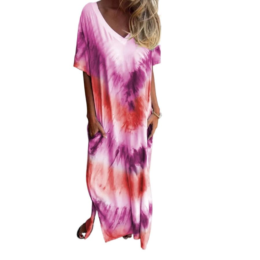 Casual Beach Maxi Tie Dye Printed Dresses Women's Spring Summer Short Sleeve V-neck Plus Size Long Dress