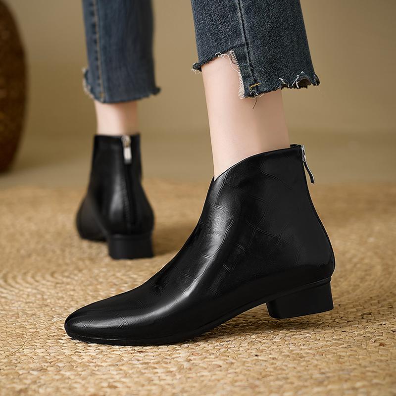 Мода 2025 Осень/Зима Женские Ботинки Натуральная Кожа Женская Обувь Острый Носок Массивный Каблук Обувь Ботильоны Современные Челси