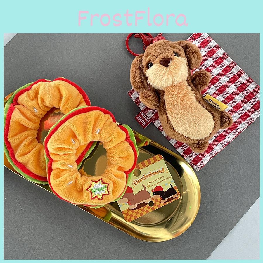 Cute Dachshund Plushie Keyring With Fun Hamburger Band Short Plush Toy For Children