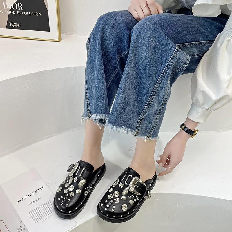 Fashion 2024 New Summer Women Slippers Platform Rivets Punk Rock Leather Mules Creative Metal Fittings Casual Party Shoes Female Outdoor