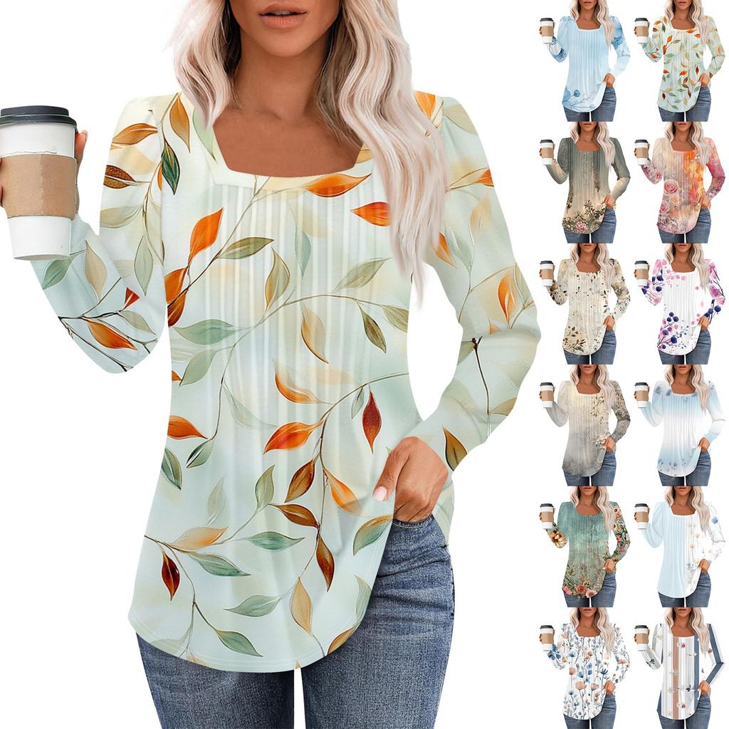 Long Sleeve Shirts For Women Tops Dressy Casual Blouses Pleated Square Scooped Neck Tunic Tops