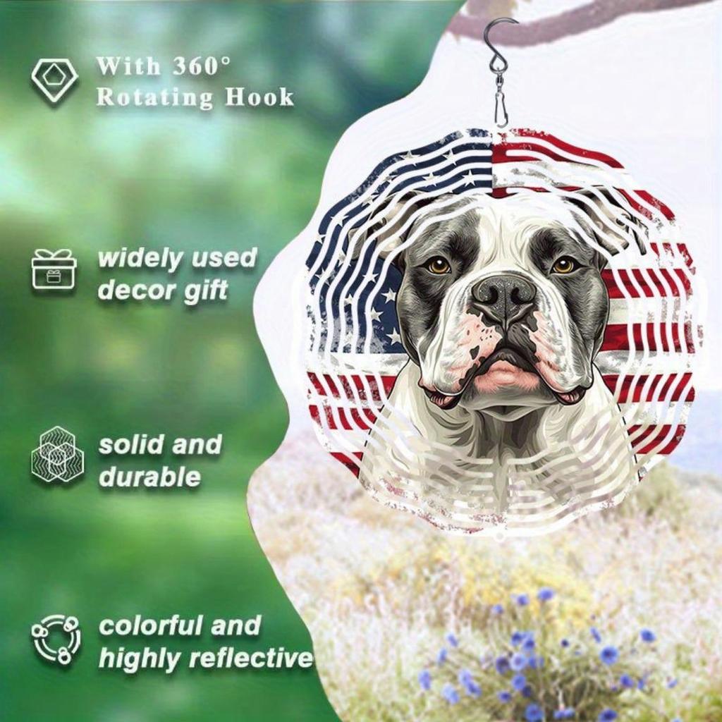 Patriotic Metal Wind Chime American Flag Bulldog Design Dual Direction Rotating Garden Decor No Power Needed Easy To Install