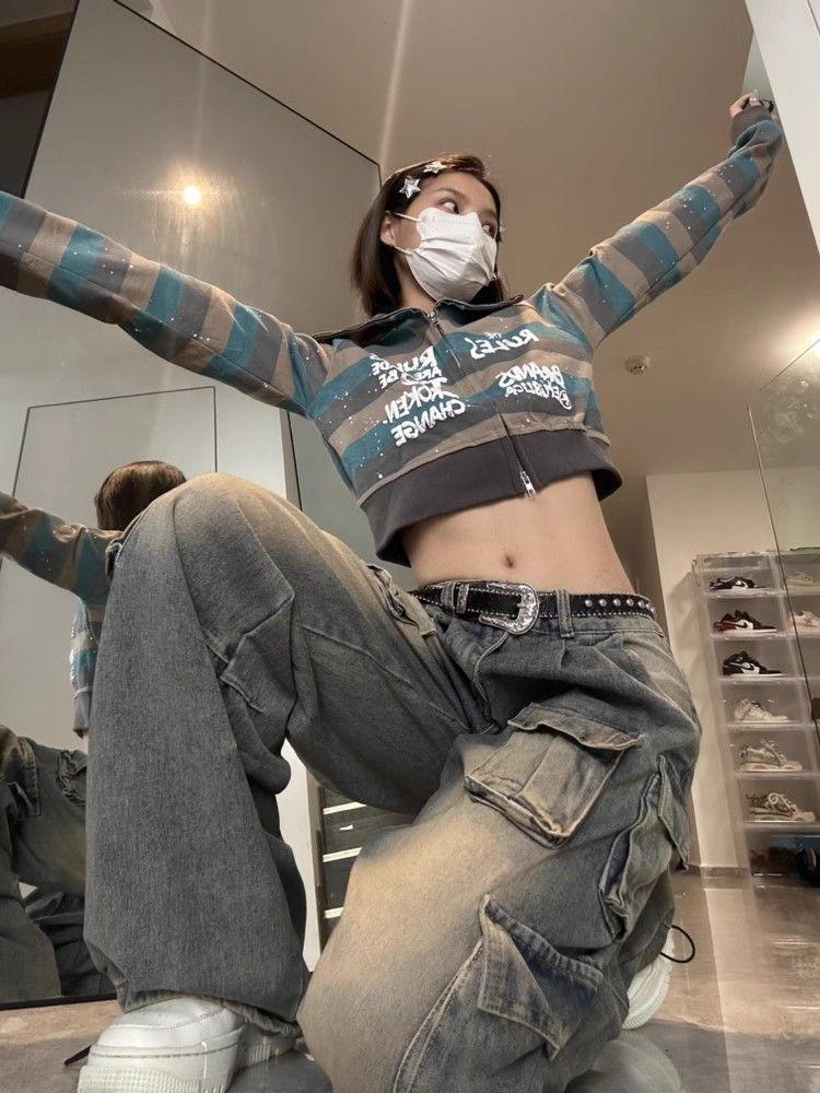 Harajuku 90s Y2k Vintage Baggy Jeans Women Grunge Washed Multiple Pockets Denim Cargo Pants Low Rise Casual Wide Leg Trousers