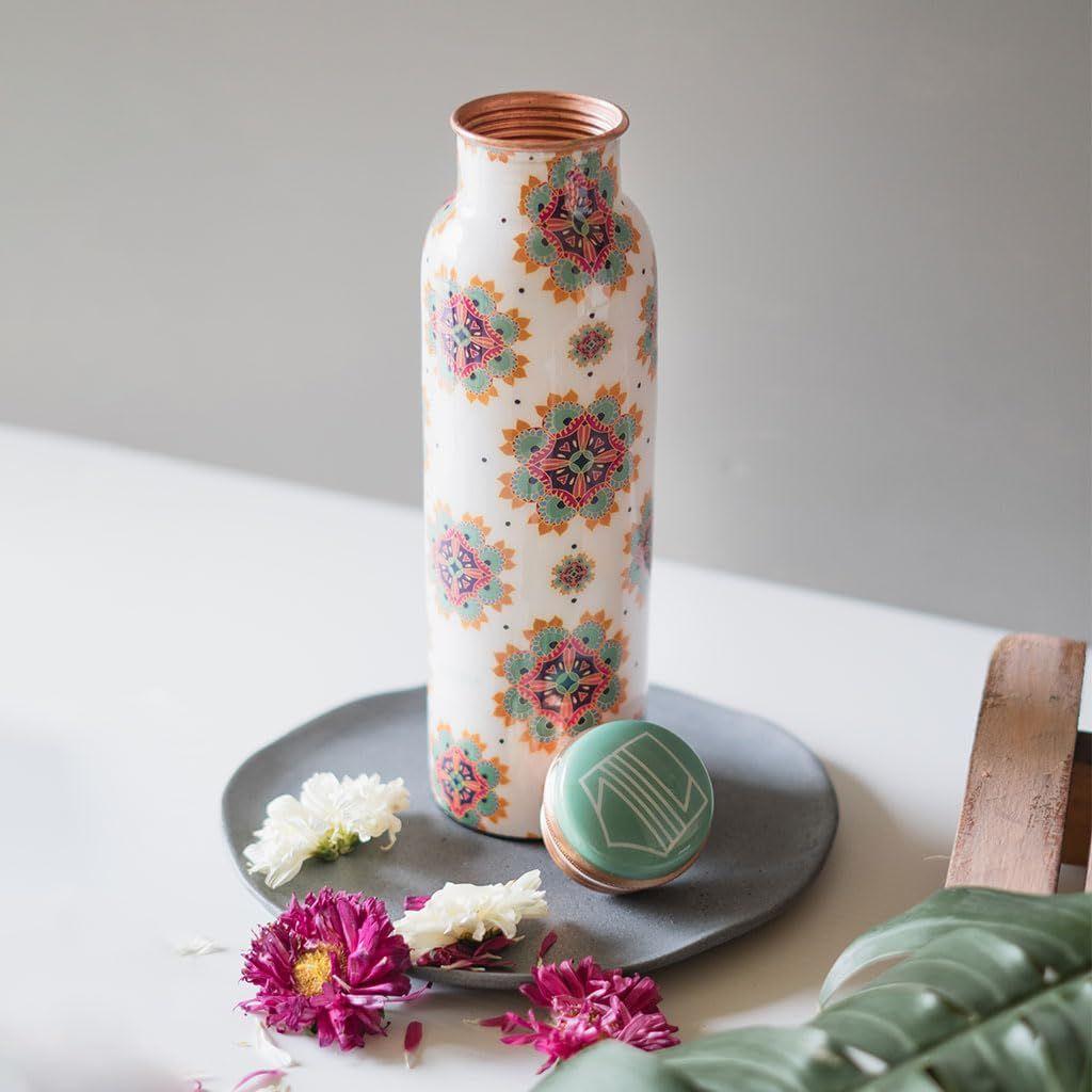 Festive Pure Copper Bottle (White) 1000ML | 99.8% Pure Copper | Ayurvedic Health Benefits | Leak-Proof & Durable | Handcrafted by Rural Artisans