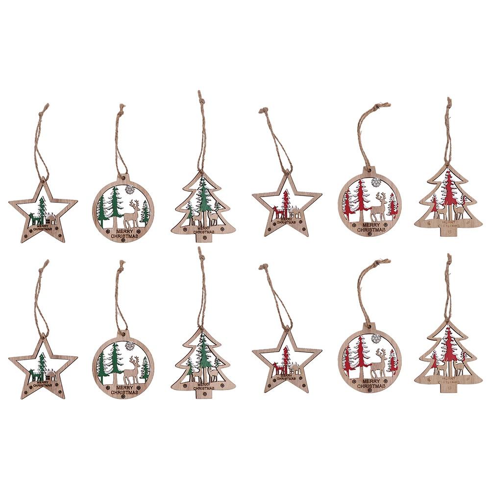 6pcs Hollow Christmas Wooden Hanging Pendants Vintage Hollow Out Star Decoration New Year