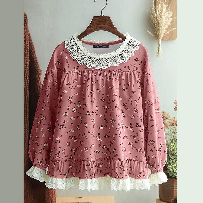 ZANZEA Женские повседневные кружевные блузки с круглым вырезом и цветочным принтом с длинным рукавом