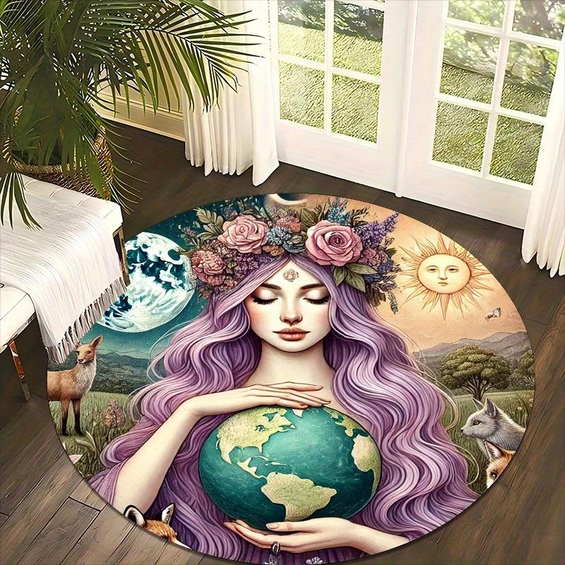 Magic Girl and the Earth Flannel-printed round floor mats are slip-resistant Suitable living room bedroom terrace garden carpets
