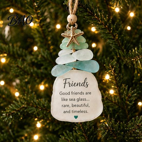 Handmade Christmas Ornament Sea Glass Tree Ornament, Seaglass Art Hanging Decor with Starfish Charm, Coastal Theme Decoration Peace Love Joy
