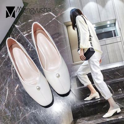 Модные женские туфли Мэри Джейн с жемчугом, повседневные туфли на плоской подошве из искусственной кожи, женские туфли-бабушки на толстом каблуке с квадратным носком, без застежек, 34-40