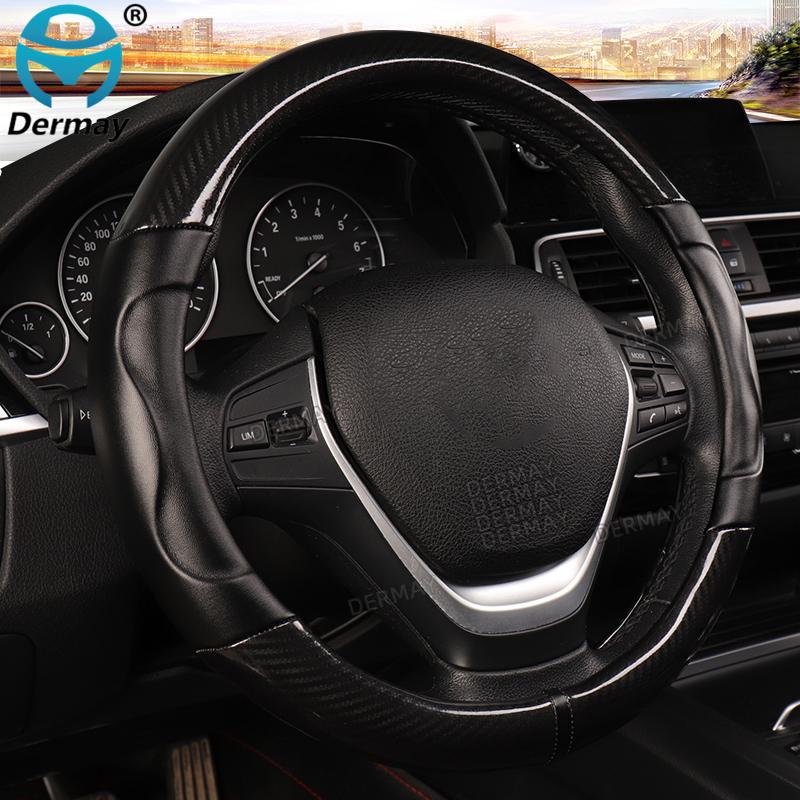 Luxury Car Steering Wheel Cover Non-slip Soft Leather + Carbon Fibre Universal M Size Fit Standard Steering Wheel 37-38cm