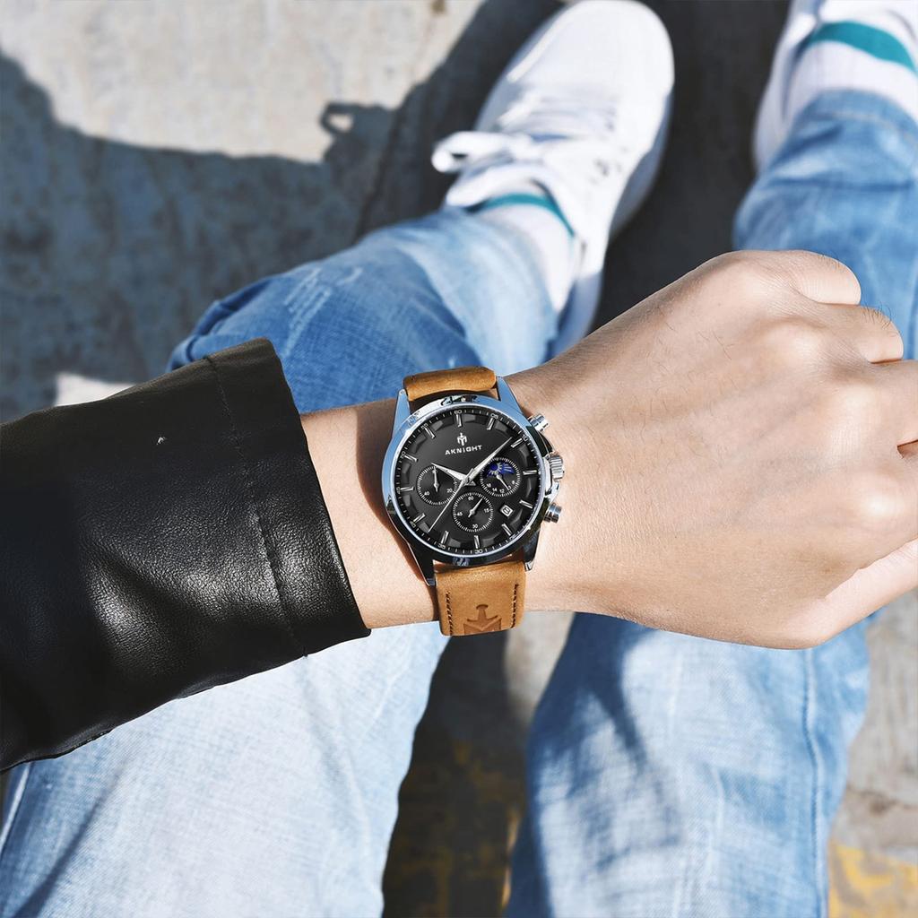 BENYAR Japanese Quartz Moon Stainless Leather Compatible with Business Casual Sports Chronograph Included Men's Watch, Phase, Steel, Strap, Watches,