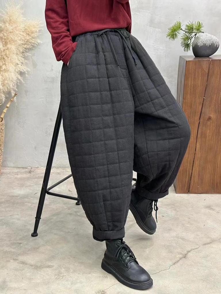 Johnature Женские зимние винтажные однотонные шаровары с эластичной талией в китайском стиле, свободные брюки