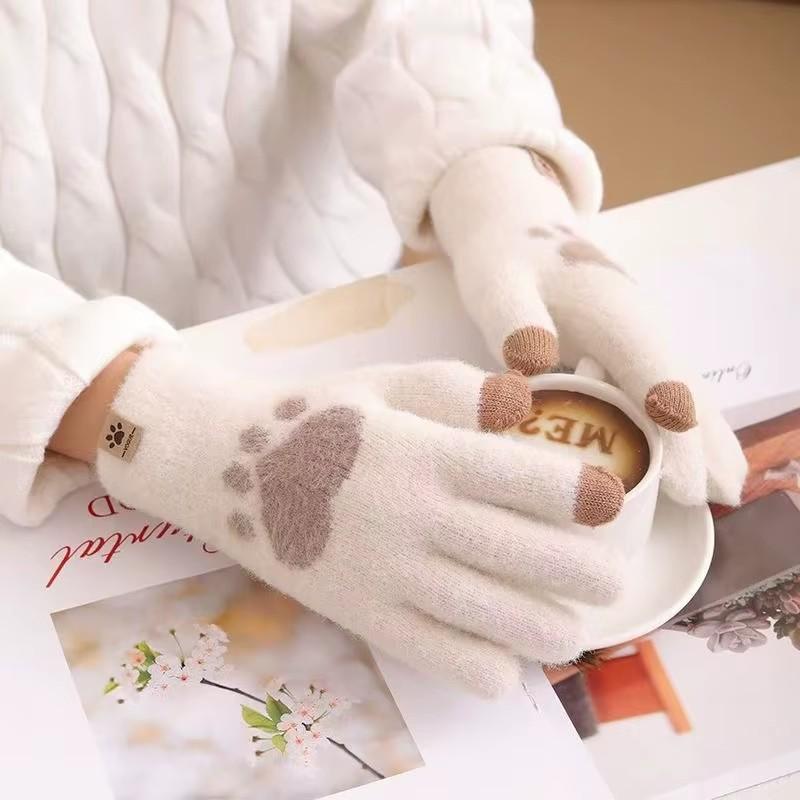 Зимние перчатки-царапки для кошек для женщин, плюшевые, с сенсорным экраном, вязаные, толстые, мягкие и пушистые, милые корейские перчатки на все пальцы