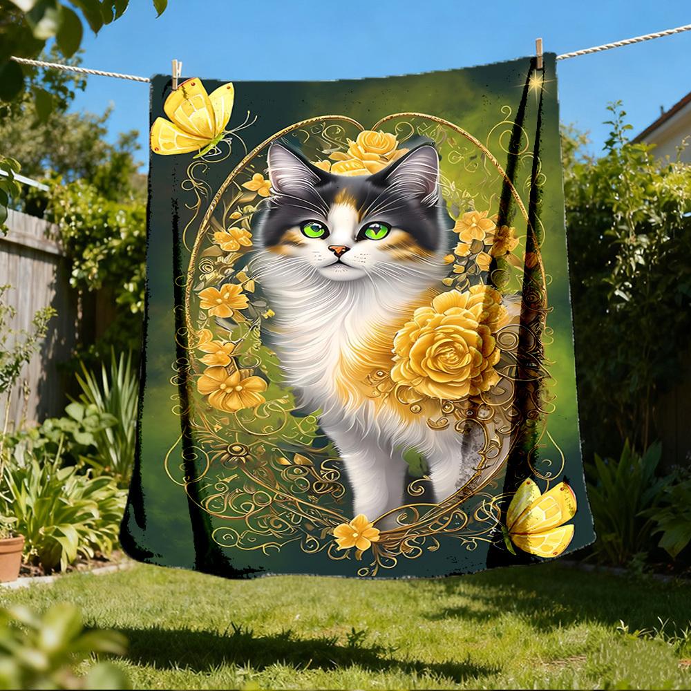 1pc Cat, Flowers Outdoor Personalized Flannel Blanket, Soft, Lightweight Personalized Flannel Blanket, Digital Printing,
