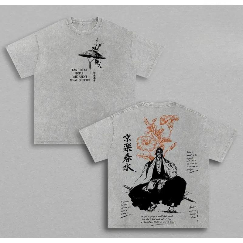 Anime BLEACH Kyoraku Shunsui T Shirt Harajuku Vintage Washed T-shirt Men Clothing Oversized Casual Pure Cotton Tees Clothes