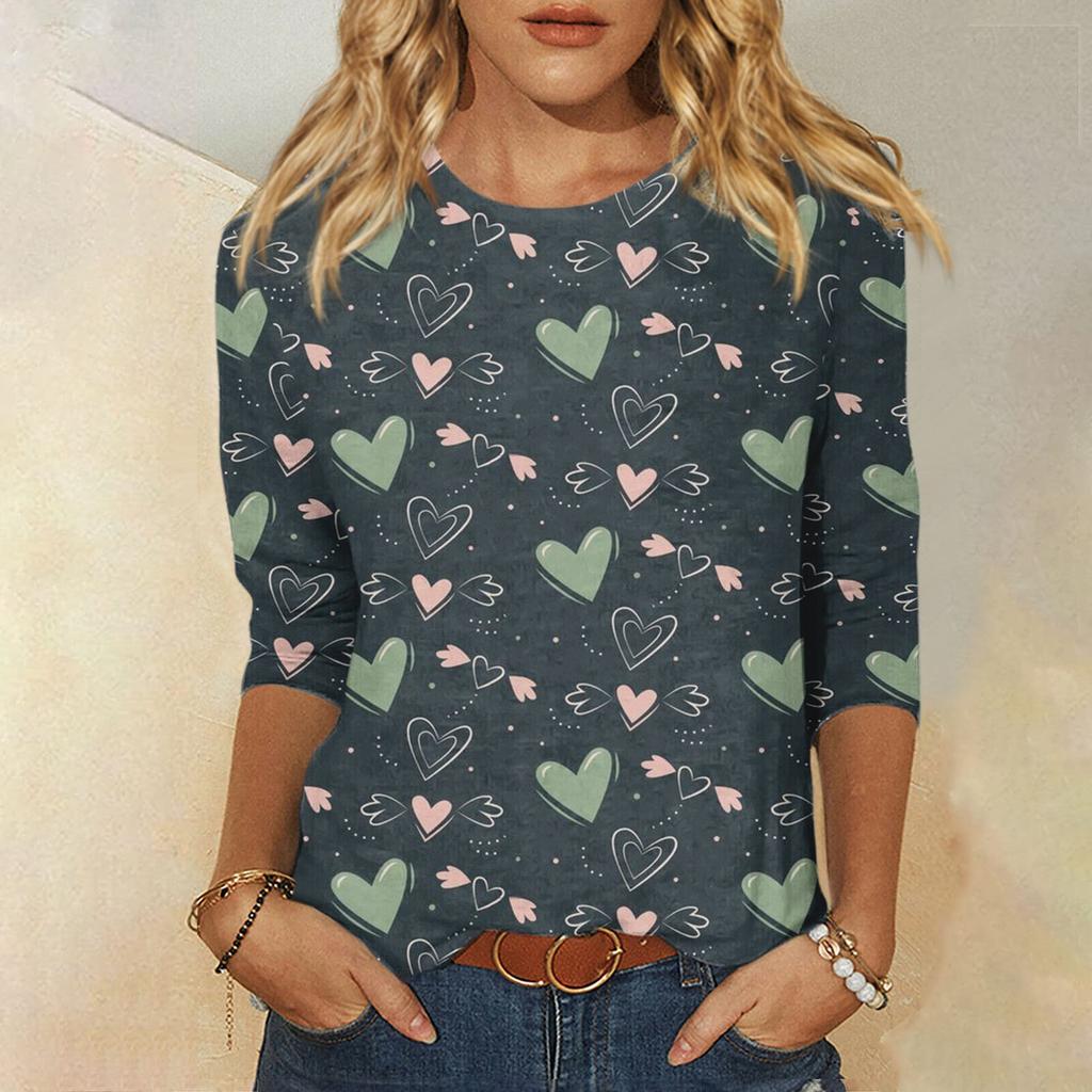 Женская мода, повседневная свободная футболка с принтом на День святого Валентина и круглым вырезом, рукав 3/4, женский топ