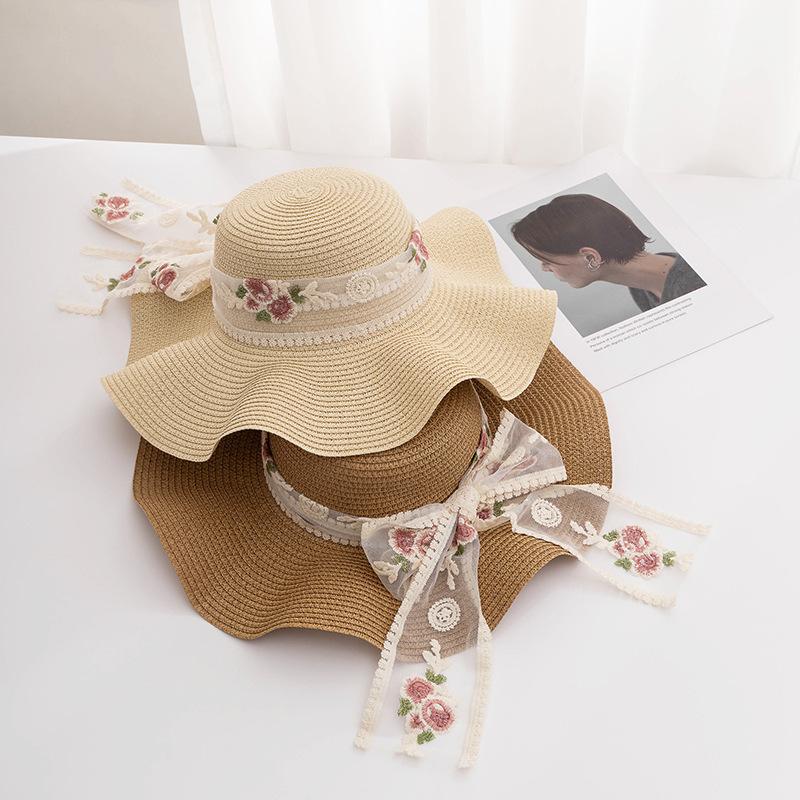 Straw Wide Brim Sun Hat Bowknot Breathable Lace Up Beach Hats Sun Protection Elasticity Hat for Women