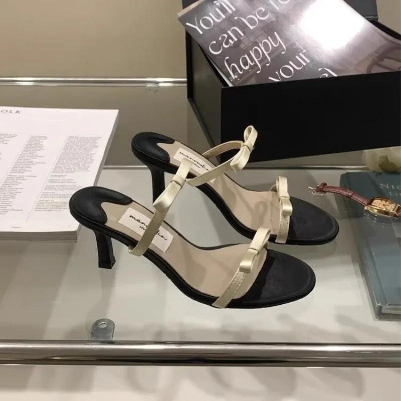 Shoes Female 2025 Modern Women's Slippers Brand Dress Slippers Women Bow Tie Round Toe Med Thin Heels Plus Size Women's Sandals