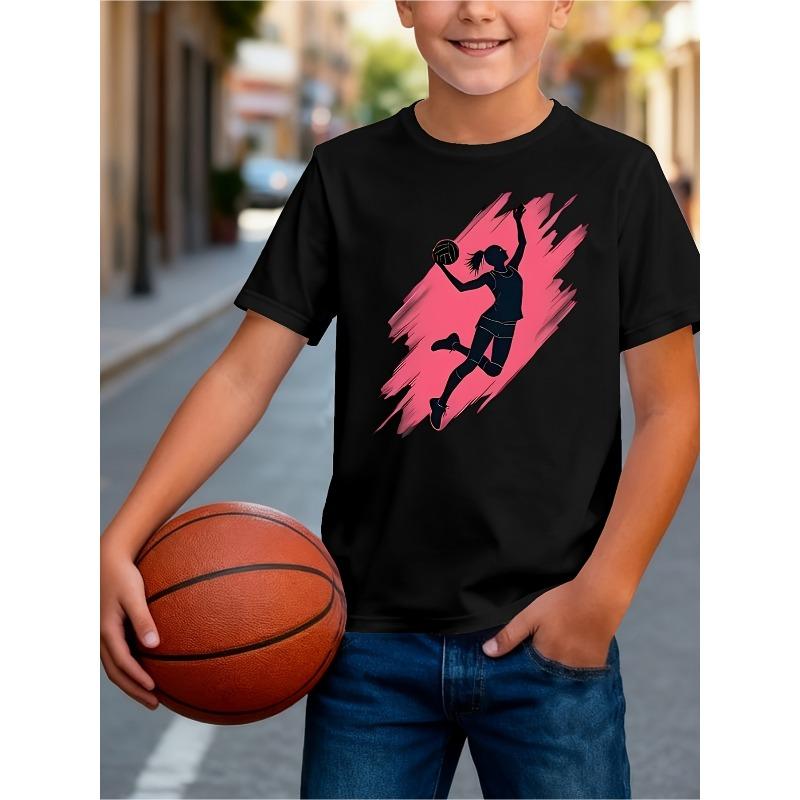European sizes Boys' Basketball-Themed T-Shirt with Hoop Print & Numbered Jersey - Short Sleeve Round Neck Casual Top Suitable for Summer Wear