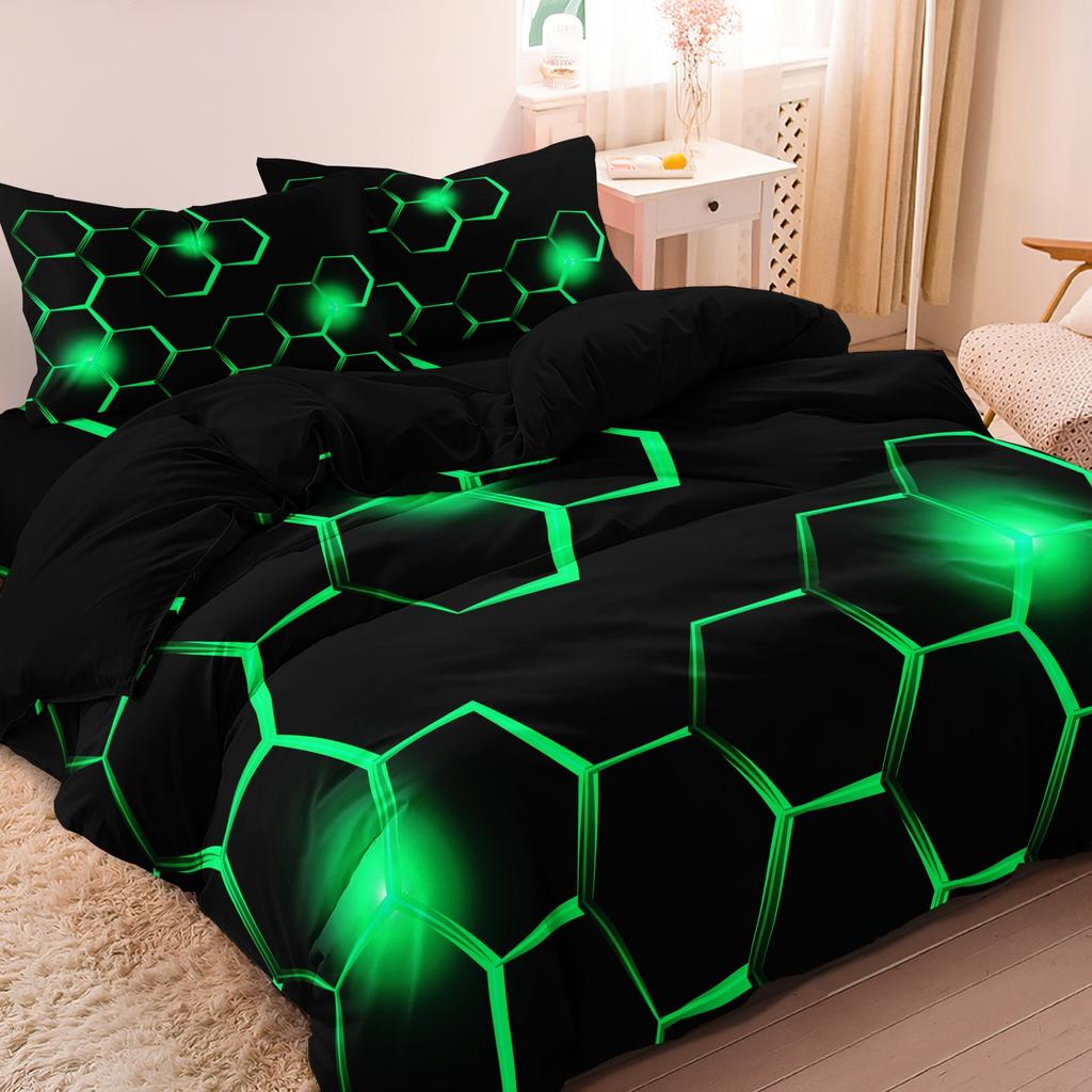 3pcs Geometric 3D Hexagonal Honeycomb Pattern DuvetCover SetDigital Print Colorful Polyester Bedding with Zipper Closure