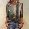 Trendy Vintage 3/4 Sleeve Top For Women,Ladies Casual Three Quarter Sleeve Round Collar Printed T-Shirt Blouse