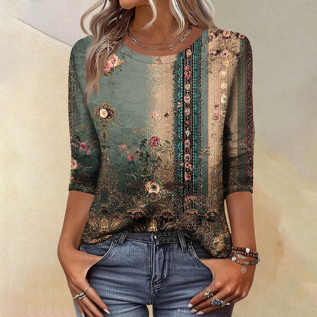 Trendy Vintage 3/4 Sleeve Top For Women,Ladies Casual Three Quarter Sleeve Round Collar Printed T-Shirt Blouse