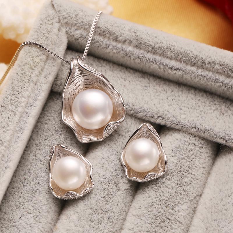 LSOOYH Shell Design Natural Freshwater Pearl Earrings Jewelry Sets CZ Cubic Zirconia Necklace Sets