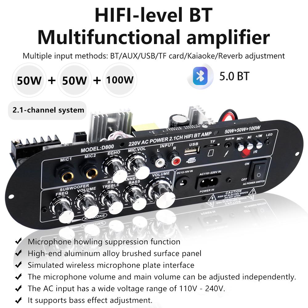Плата усилителя Bluetooth 2.1-канальная D800, выходная мощность 50 Вт+50 Вт+100 Вт, с Bluetooth 5.0, AUX+MIC, FM+USB+TF-карта