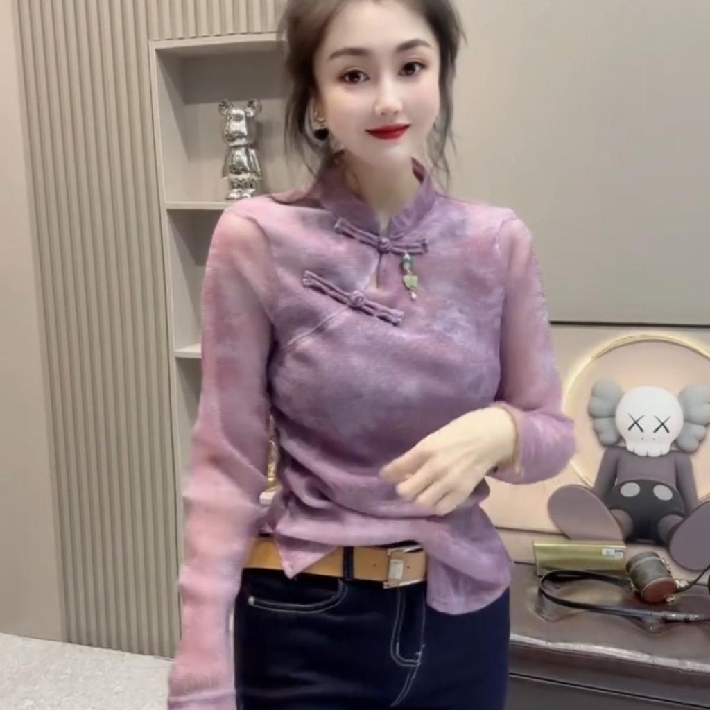 Весенний дизайн, стойка-воротник, футболка тай-дай, новая футболка с длинным рукавом, женская, приталенная, топ в новом китайском стиле