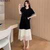 MODIQUE Summer Plus Size New Women Loose Elegant Black T-shirt Mesh Skirt Pleated Spliced Long Dress Female Casual Short Sleeve O-Neck Dresses