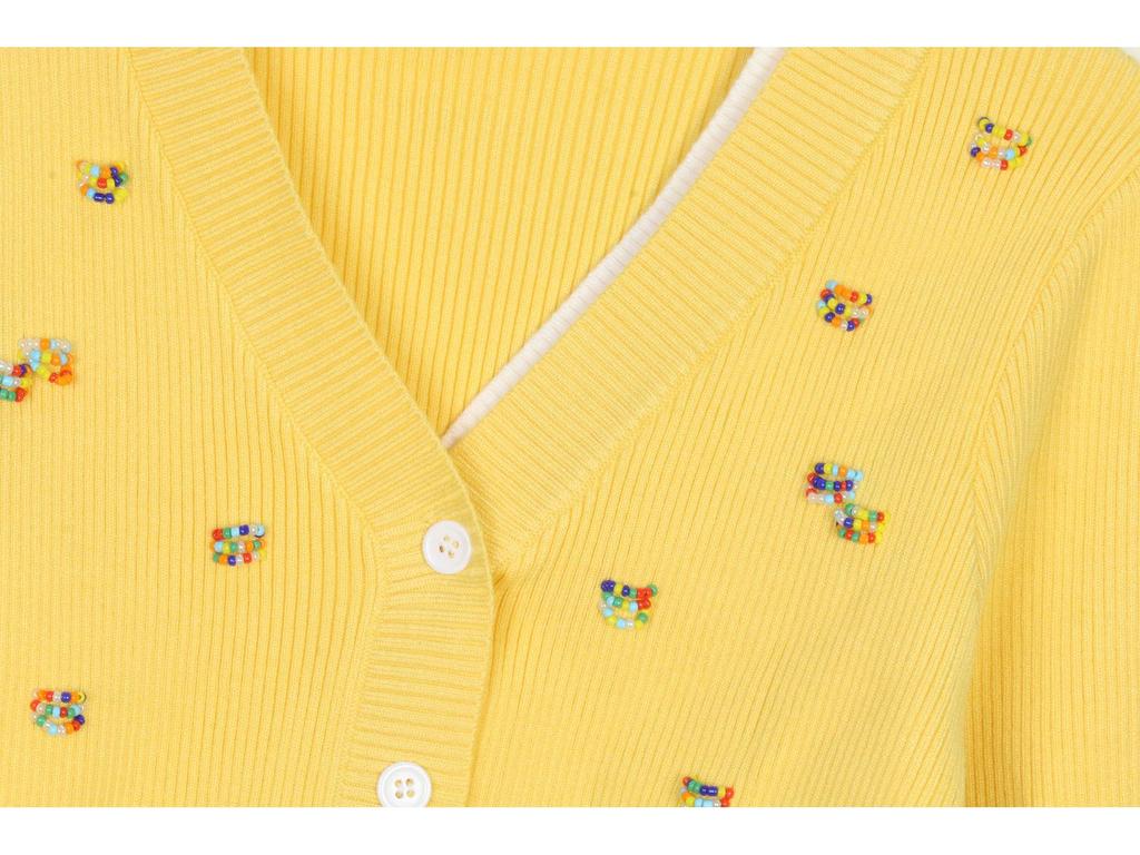 Женский французский ретро вязаный кардиган: V-образный вырез, Длинный рукав, Отделанный бисером, Имитация двойки, Короткий топ с цветными блоками