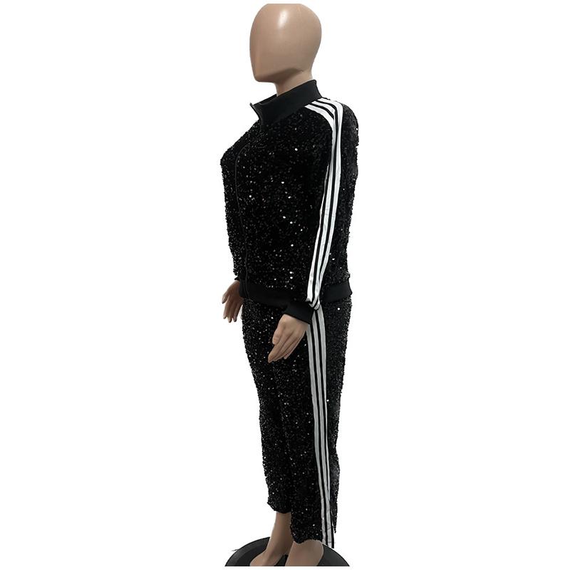 Модный комплект из 2 предметов с пайетками, женская куртка с длинным рукавом на молнии в полоску, пальто и прямые брюки, женский комплект одежды для вечеринок и клубов, весна 2025 г.