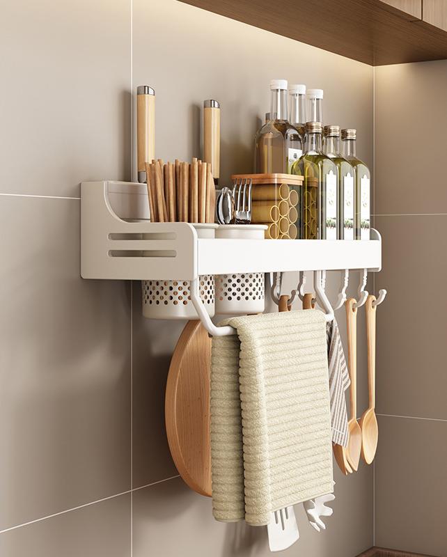 Настенные полки для хранения, алюминиевый кухонный органайзер для хранения с крючками, держатель для ножей, подставка для приправ, полка-органайзер