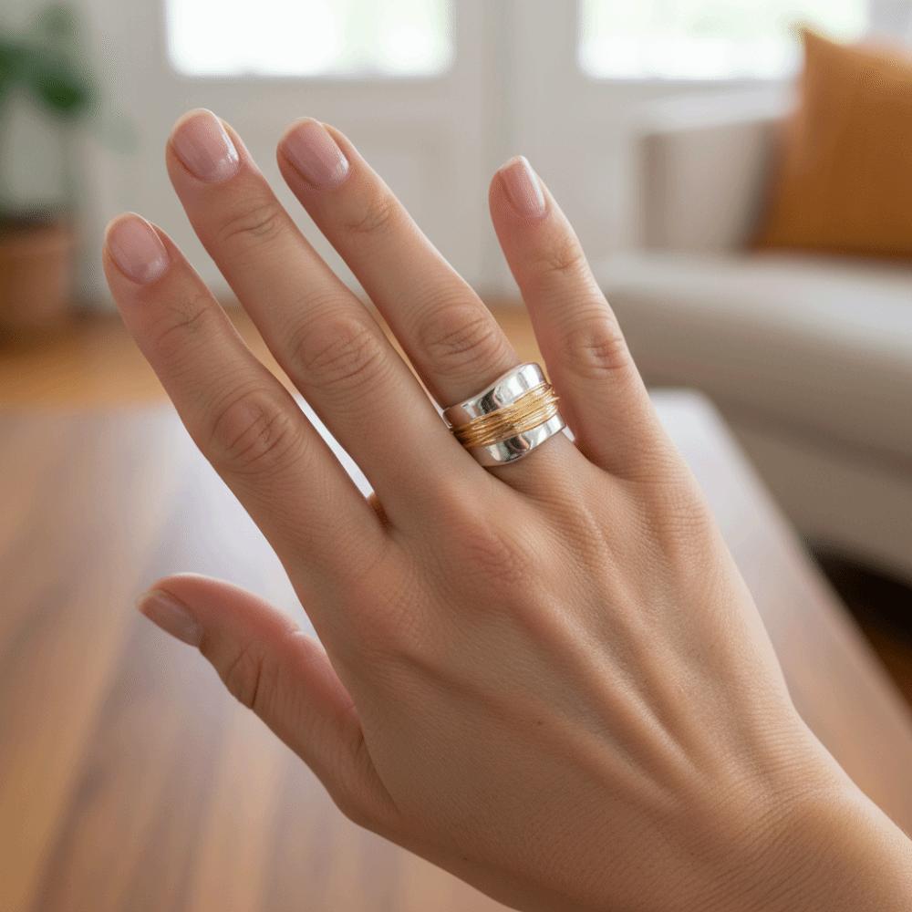 Engraved Line Two-tone Ring Double Layer Punk Style Ring  Holiday Accessories