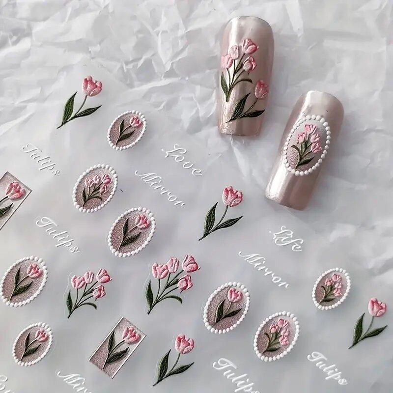 1piece 5Dcute tulip flower nail stickers high quality self-adhesive embossed nail art decals for girls decoration sticker