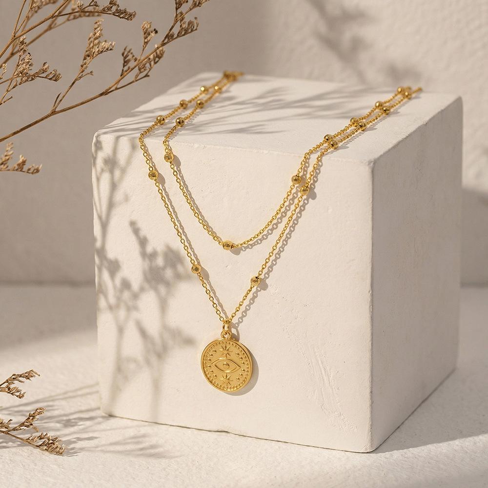 Двухслойное ожерелье с глазом Фатимы, покрытое 18-каратным золотом, с простым дизайном