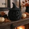 Handmade Woven Texture Craft Faux Rattan Halloween Pumpkin Figurine, Black Resin Statue with Witch Fall Holiday Window Display Hat, Rustic Wicker